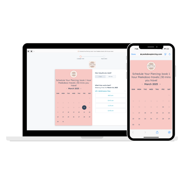 Laptop and smartphone screen displaying Peekaboo Piercing’s online booking calendar for scheduling in-home ear piercing appointments. Easy and mobile-friendly booking available in Tampa.