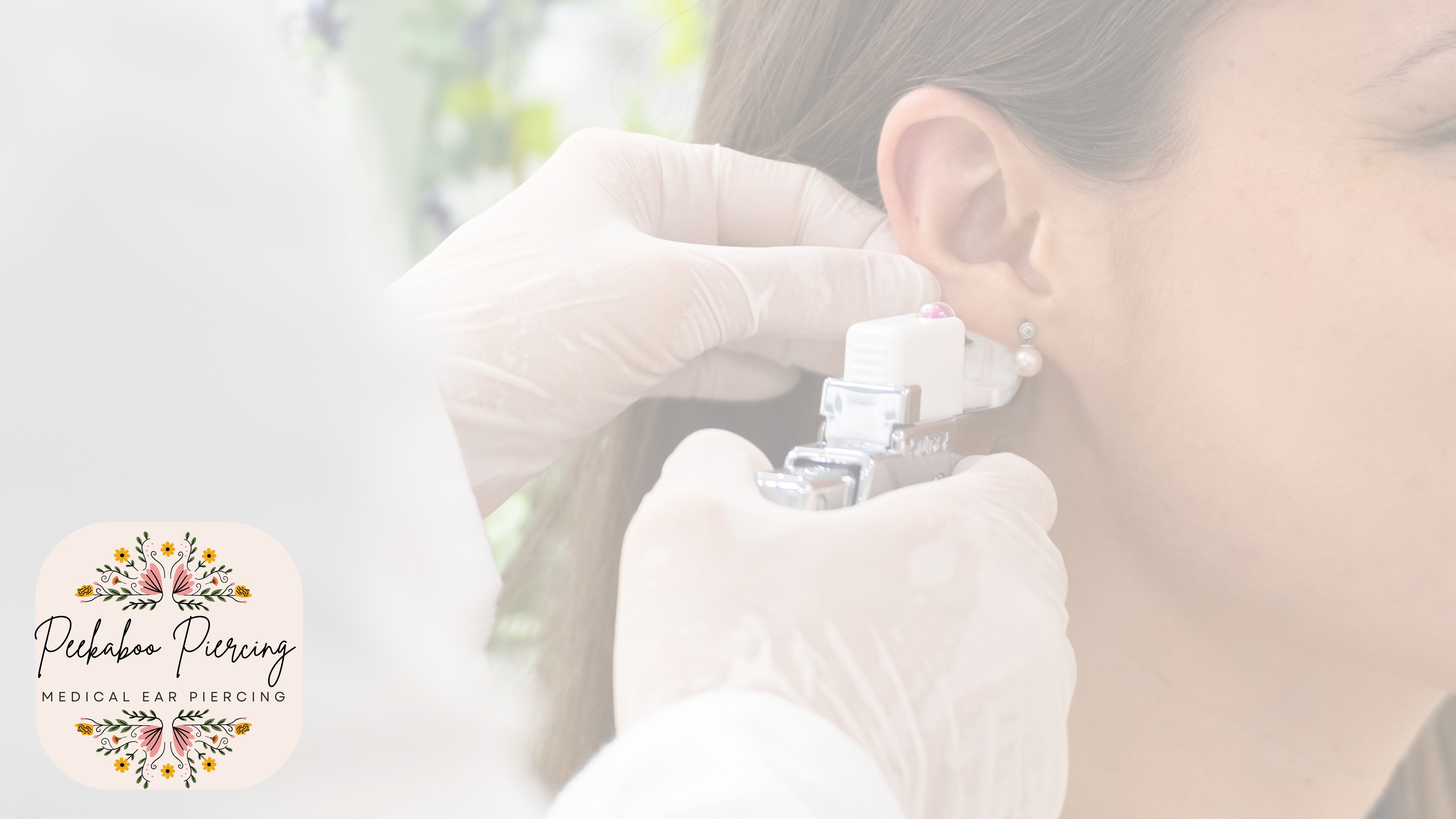 A professional RN travel nurse wearing sterile gloves performs a medical ear piercing on a client's ear lobe piercing site using a hand-pressure instrument, illustrating the debate of needle vs. piercing gun safety during a mobile travel piercing appointment.