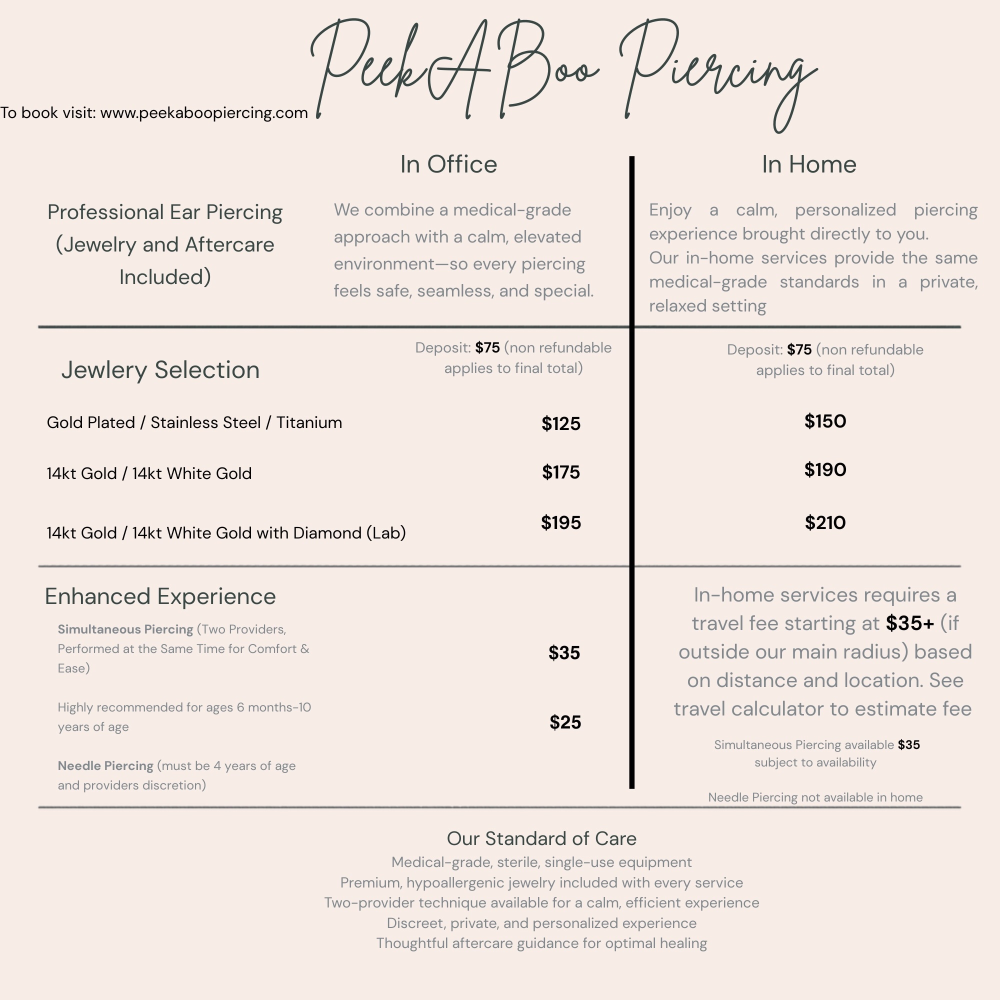 Peekaboo Piercing price chart: In-office ($125-$175) and In-home ($150-$205) services. Includes jewelry and aftercare. Travel fees may apply.