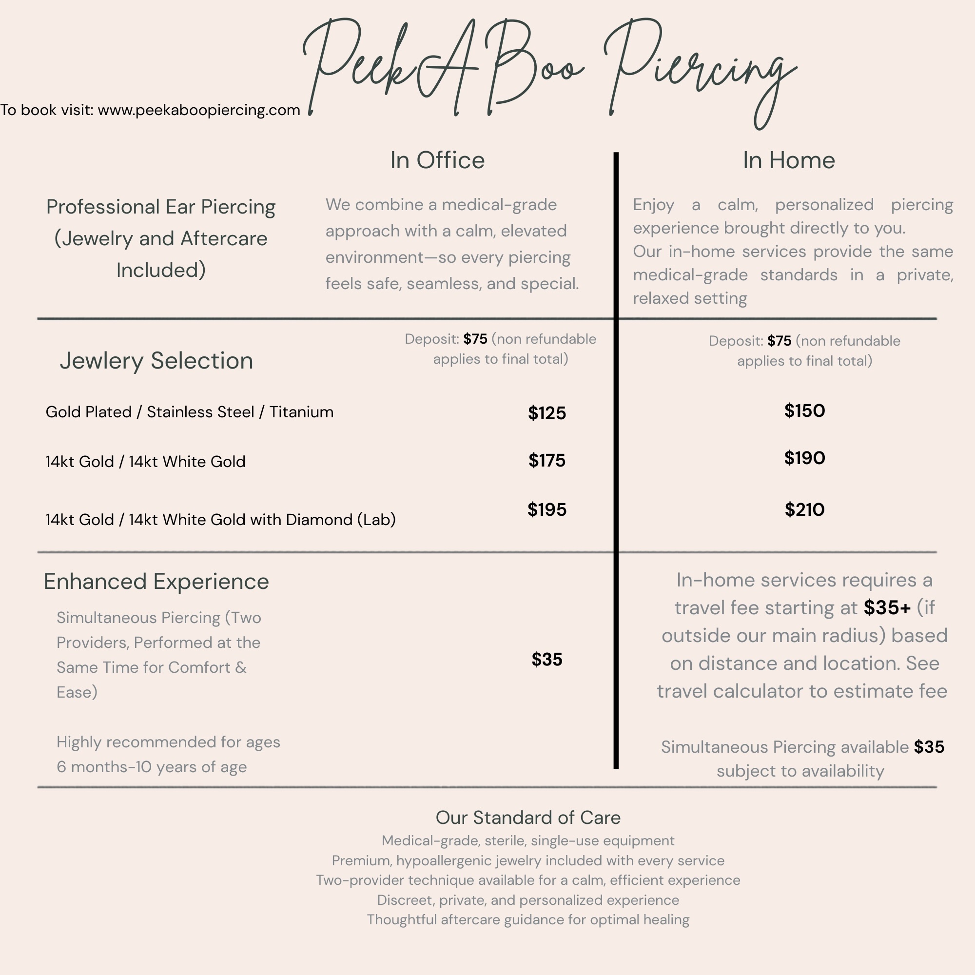 Peekaboo Piercing price chart: In-office ($125-$175) and In-home ($150-$205) services. Includes jewelry and aftercare. Travel fees may apply.