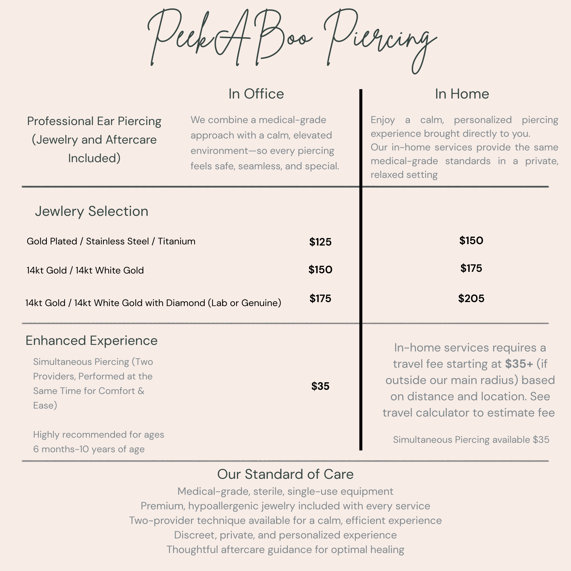 Price Chart Peekaboo Piercing Tampa Pricing