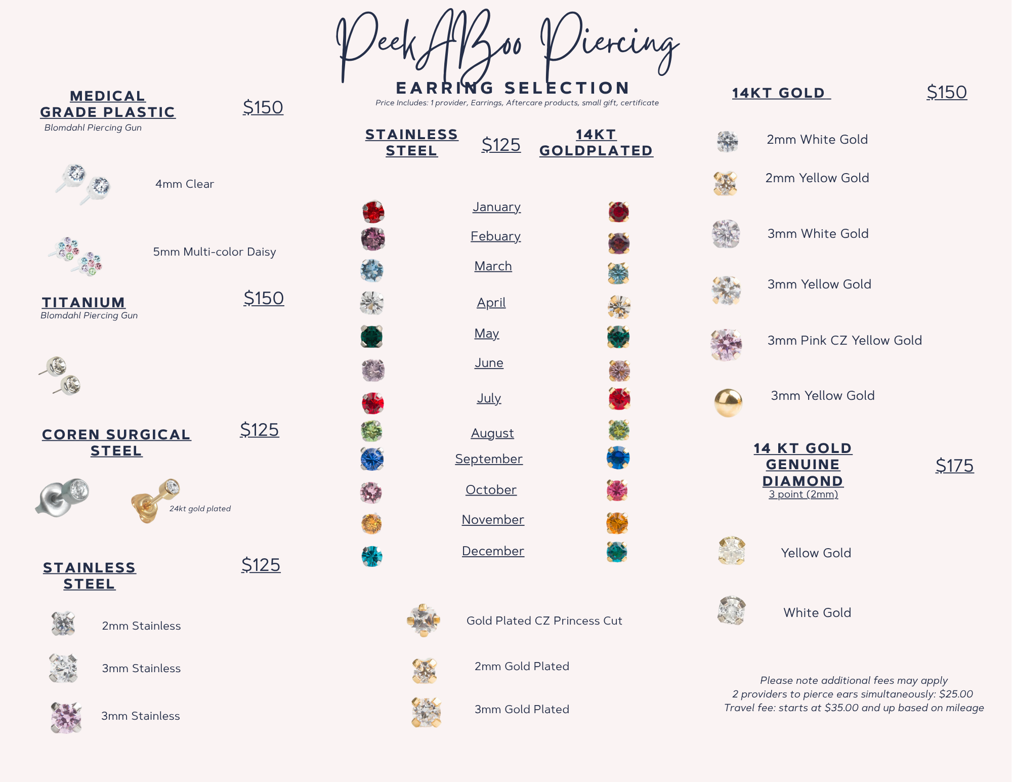 Earring pricing chart for Peekaboo Piercing in Tampa, FL. Shows options and prices for medical-grade plastic, titanium, surgical steel, stainless steel, 14kt gold, and genuine diamond earrings used in ear piercing packages.