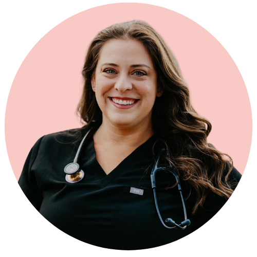 Jenna Kelemen, certified pediatric nurse practitioner in black scrubs smiling with a stethoscope around her neck, founder of Peekaboo Piercing in Tampa.